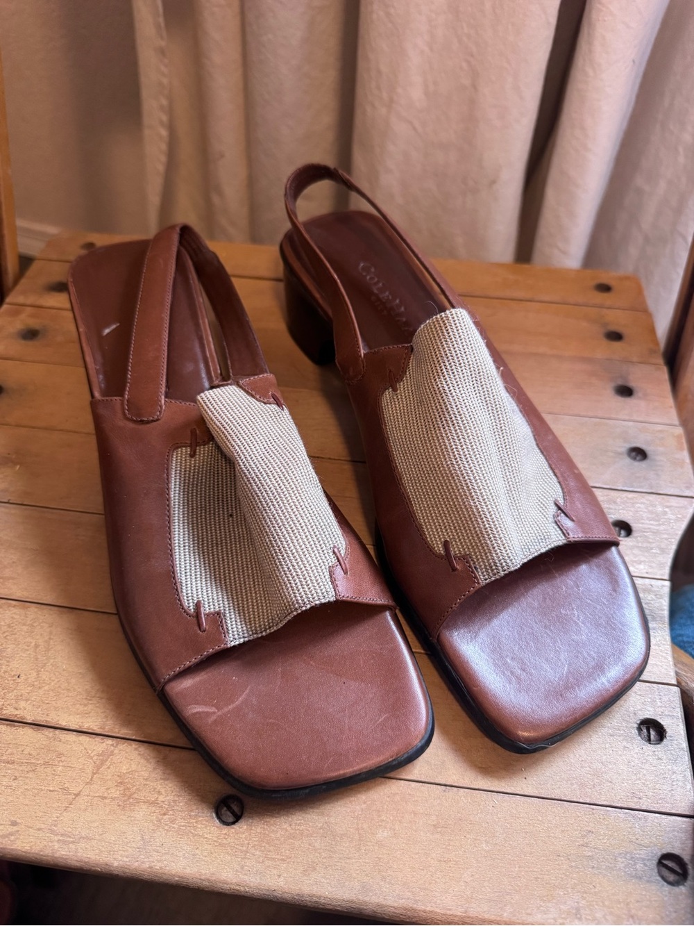 Cole Haan Brown Leather and Beige Fabric Slingback Sandals